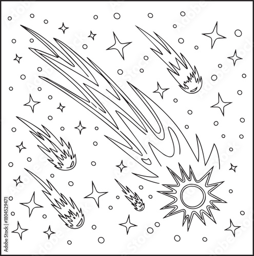 Space coloring page for kids, Comet with long sweeping tail lines and stars around black line art vector outline illustration for children activity book design