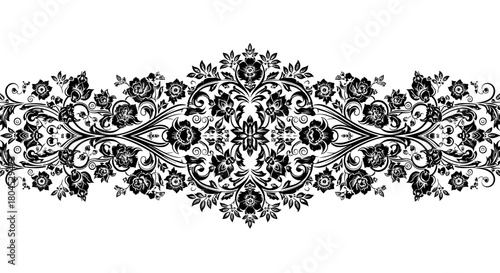 Elaborate floral design with symmetrical, ornate patterns in black and white.
