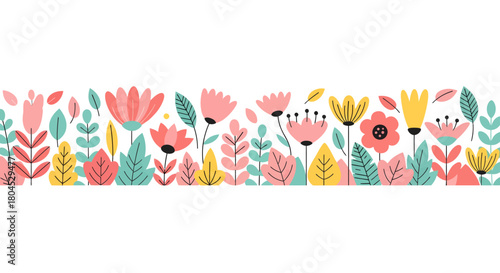 Colorful floral border with pink, yellow, and green flowers and leaves.