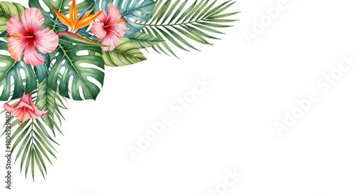 Tropical floral arrangement with hibiscus, bird of paradise, and palm leaves.