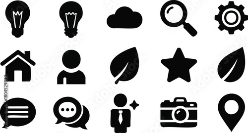 Set of Simple Vector Icons Home, User, Lightbulb, Leaf, Camera, Location, Gear, Cloud, Magnifying Glass