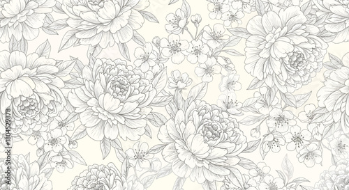 Floral pattern with detailed peony and cherry blossom line art on cream background.