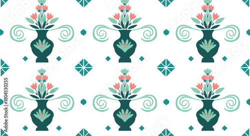 A repeating pattern of teal vases with pink and green floral arrangements on a white background.