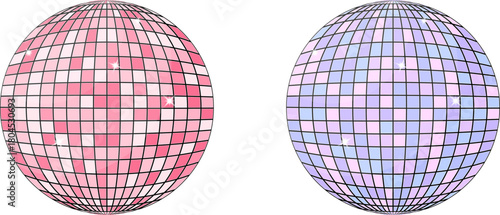 Two disco balls side by side: one in pink tones and one in pastel purple and blue, both with reflective mosaic tiles and sparkling highlights.