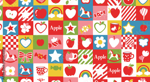 A colorful pattern features apples, hearts, rocking horses, and rainbows.