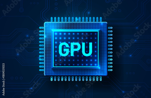 Glowing GPU chip on a futuristic circuit board background, symbolizing advanced computing and innovation.