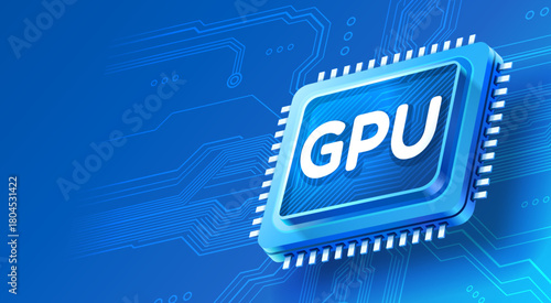 Stylized GPU chip on a modern blue circuit board background.