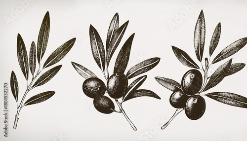 A set of detailed black-and-white linocut illustrations of olive branches with olives, featuring a grunge texture. These vector images showcase natural and organic motifs.