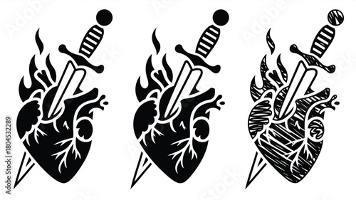 Gothic dagger piercing a flaming heart symbolizing passion pain and dark romance perfect for edgy designs and tattoo art