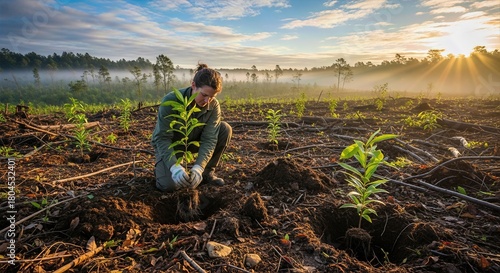 Woman planting a sapling in a deforested area at sunrise