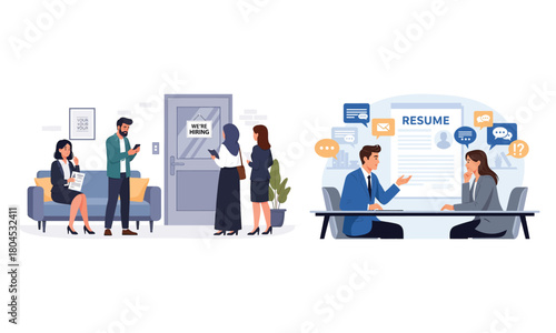 Job interview process from waiting room to hiring decision 2d illustration