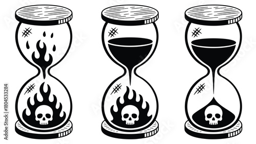 Gothic hourglass with a skull shaped design featuring a leaking effect rendered in vibrant cmyk colors and classic fonts for a dark and artistic aesthetic