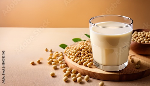 Glass Of Creamy Soy Milk And Soybeans On Wooden Board Beige Background Health And Tasty Drink