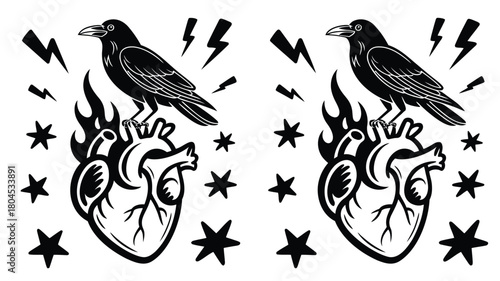 A striking vector illustration depicts a black crow perched regally upon a vibrant flaming heart symbolizing passion intensity and perhaps a touch of darkness or rebellion