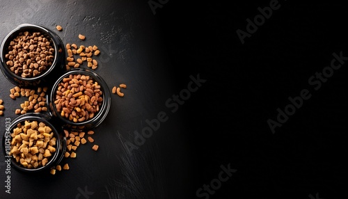 Black Ceramic Bowls With Food For Dogs And Cats On A Black Stone Background Free Space For Text