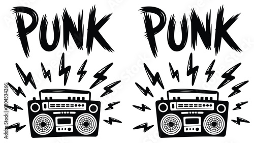 Dynamic punk boombox exploding with vibrant lightning bolts and energetic sound waves perfect for music events and retro themes