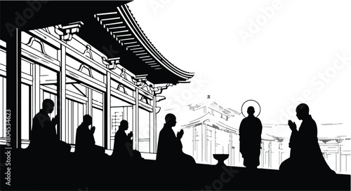 Silhouettes of monks in prayer at a serene temple at dawn, evoking peace and spirituality.