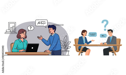Job interview process two styles of 2d illustrations