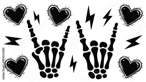 Skeleton hand forming a rock and roll gesture isolated on a white background representing music rebellion and a cool vibe