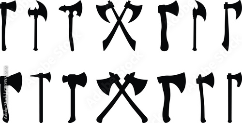 Axe Icon Set, Collection and Group of Battle Axe, Hatchet, and War Tool Symbols, Black Flat Vector Medieval Weapon, Lumberjack Tool, and Combat Armory Design for Graphic Use