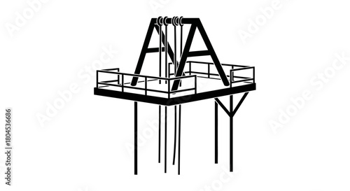 Black and white illustration of an offshore platform structure with supporting legs and a platform deck.