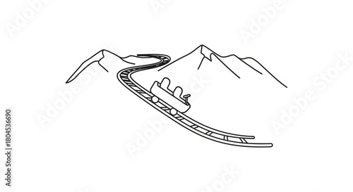 A simple line drawing of a roller coaster car descending a track with mountains in the background.