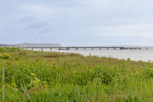Fototapeta Naklejka Na Ścianę i Meble -  Distant view of the long pier in Gohren of which 270 metres projects into the Baltic Sea