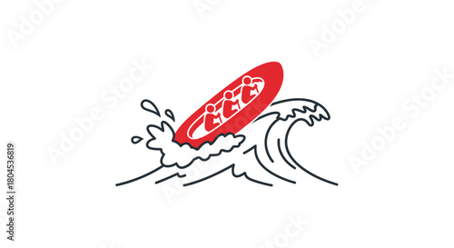 A red inflatable raft with people crests a stylized ocean wave, graphic illustration.