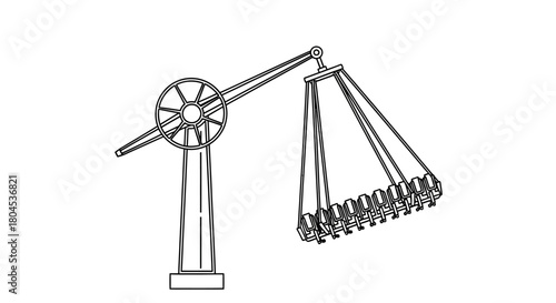 Illustration of Newton's cradle with multiple spheres suspended from a frame, demonstrating the conservation of momentum and energy.