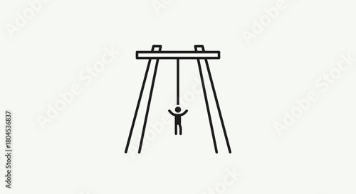 Simple line drawing depicts a person swinging on a playground swing set.