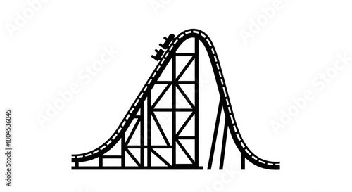 A black and white illustration of a roller coaster climbing a large hill.