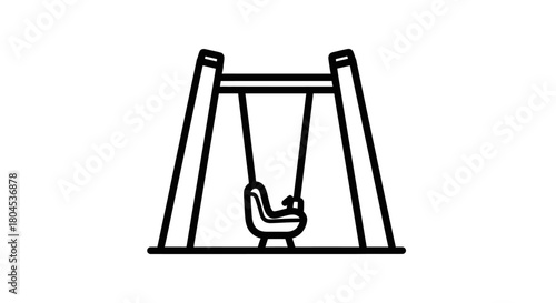 A simple line drawing of a swing set with a seat, isolated on white.