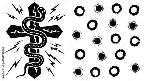 Gothic coiled snake illustration with cracked texture symbolizing danger mystery and ancient power ideal for dark fantasy or horror themes