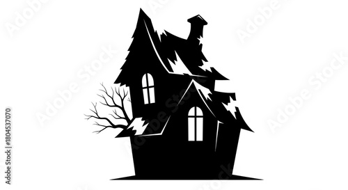 Silhouette of a spooky, dilapidated house with crooked features and bare tree branches.