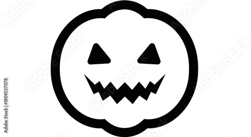 A simple black and white illustration of a carved pumpkin face, evoking a Halloween theme.