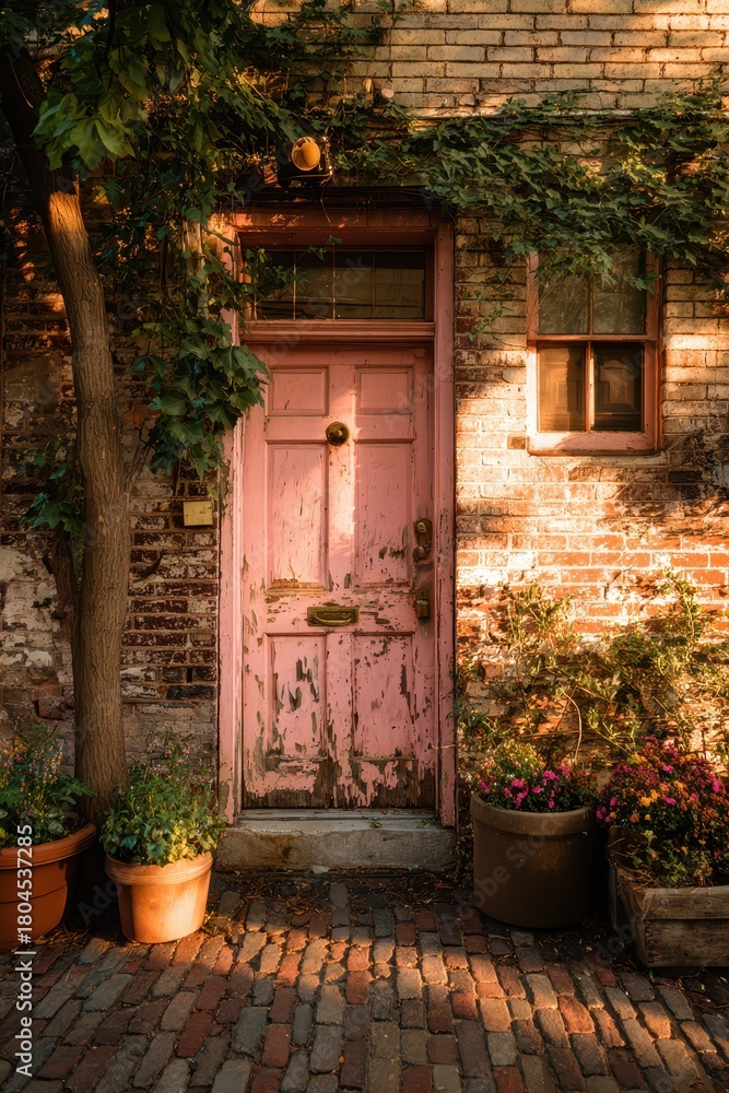 Obraz premium Welcoming pastel doorway at golden hour in a quaint street scene