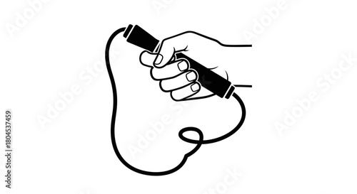 Hand holding a jump rope handle, illustration of a fitness activity in black and white.