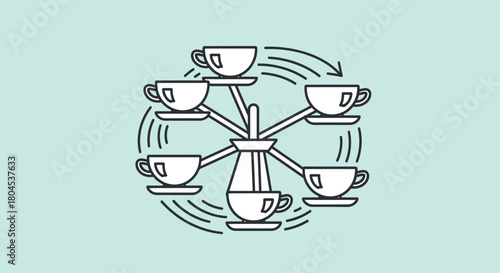 A stylized illustration of a Ferris wheel made of coffee cups and saucers, rotating on a light blue background.