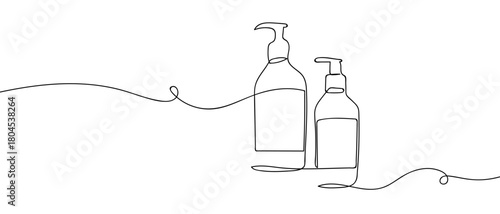 Two shampoo bottles in one continuous line simple linear style. Editable stroke.
