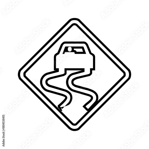 Isolated slippery road sign depicting a car losing control in black and white on a white background