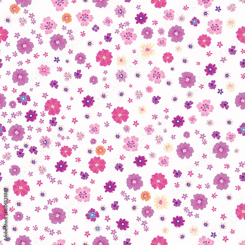 Floral colorful vector rustic pattern with pink ditsy flowers.  Liberty style millefleurs. Trendy floral design