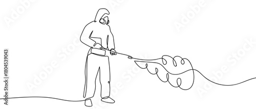 Public health officials are spraying disinfectant in one continuous line. simple linear style. Editable stroke.