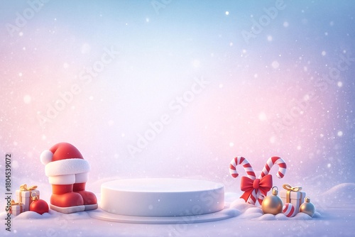 Festive 3D Christmas Podium with Gifts, Candy Canes, and Santa Decor in Snowy Scene