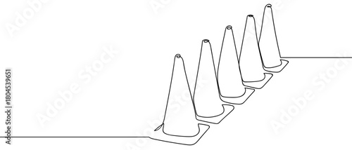 Traffic cones are lined up in a continuous line. simple linear style. Editable stroke.