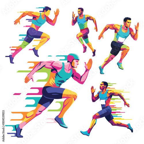 Dynamic athletic runners in vibrant action poses for sports marketing success, powerful fitness motivation, and energy filled designs, track and field stars sprint