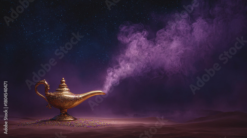 A golden lamp emitting a magical purple smoke. The lamp sits on a bed of sand against a moody background.