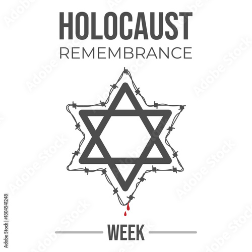 Vector illustration of the Star of David wrapped in barbed wire on a white background, symbolizing Holocaust remembrance, memorial tribute and historical commemoration in a clean minimal style.