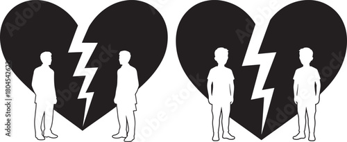 Two broken hearts with figures silhouette