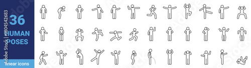Linear icon of a person, a large set of human poses, people standing and walking, man stick figure pictogram
