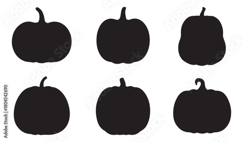  Six black silhouettes of different shaped pumpkins and gourds on white background